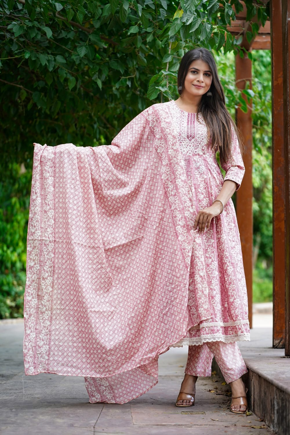 Darshana - Floral Print Anarkali Kurta Suit Set